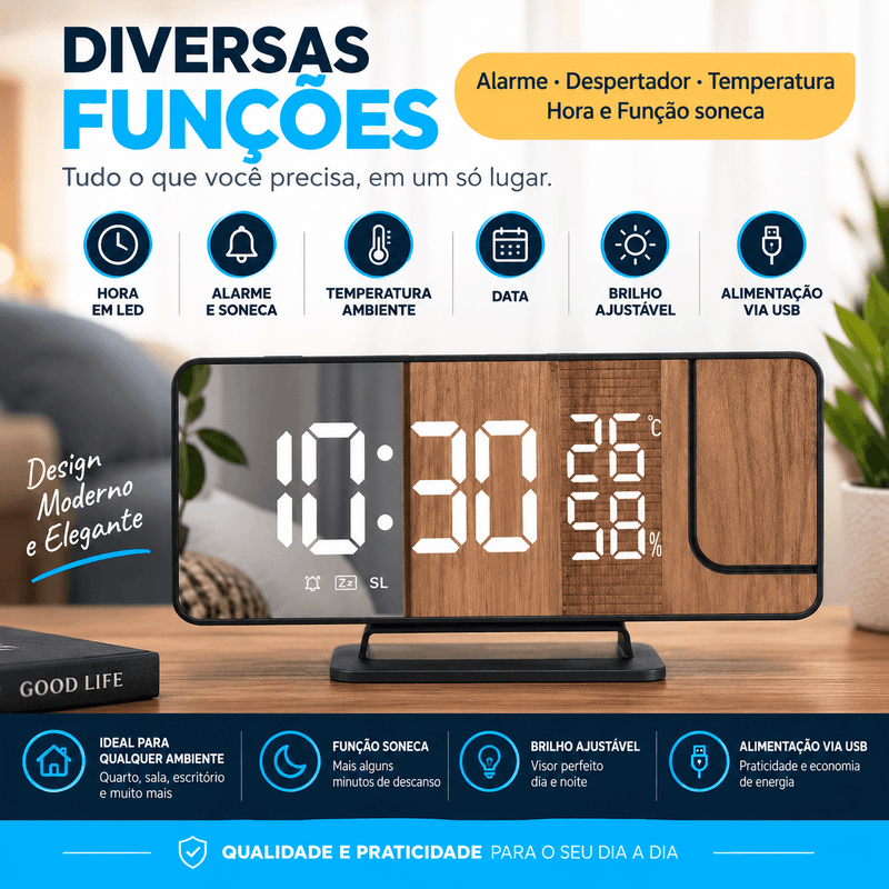 TimeLux display LED espelhado design elegante decoração
