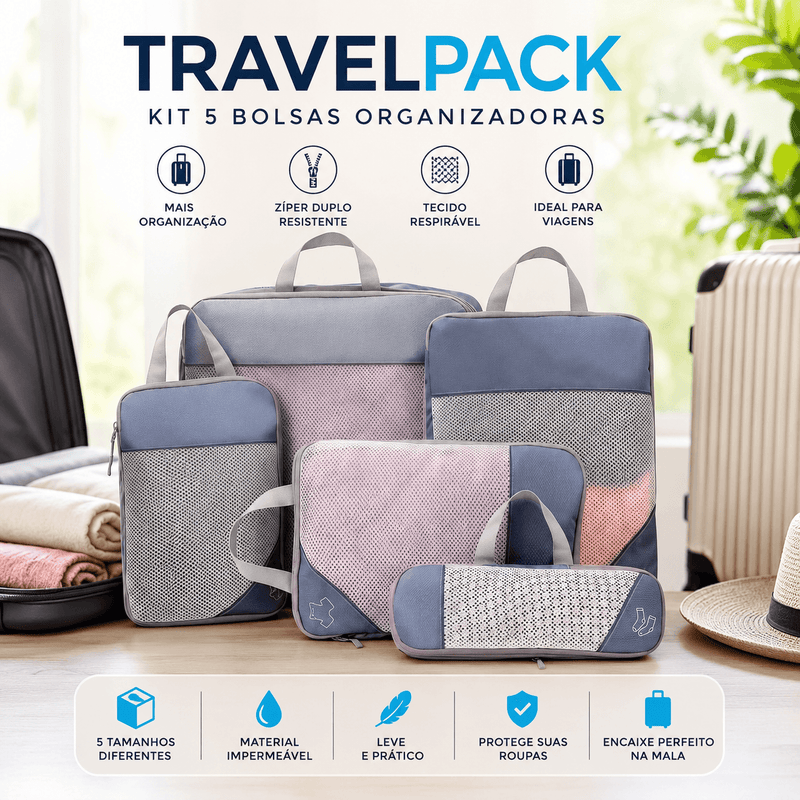TravelPack Kit 5 Bolsas Organizadoras Mala Zíper Duplo Impermeável